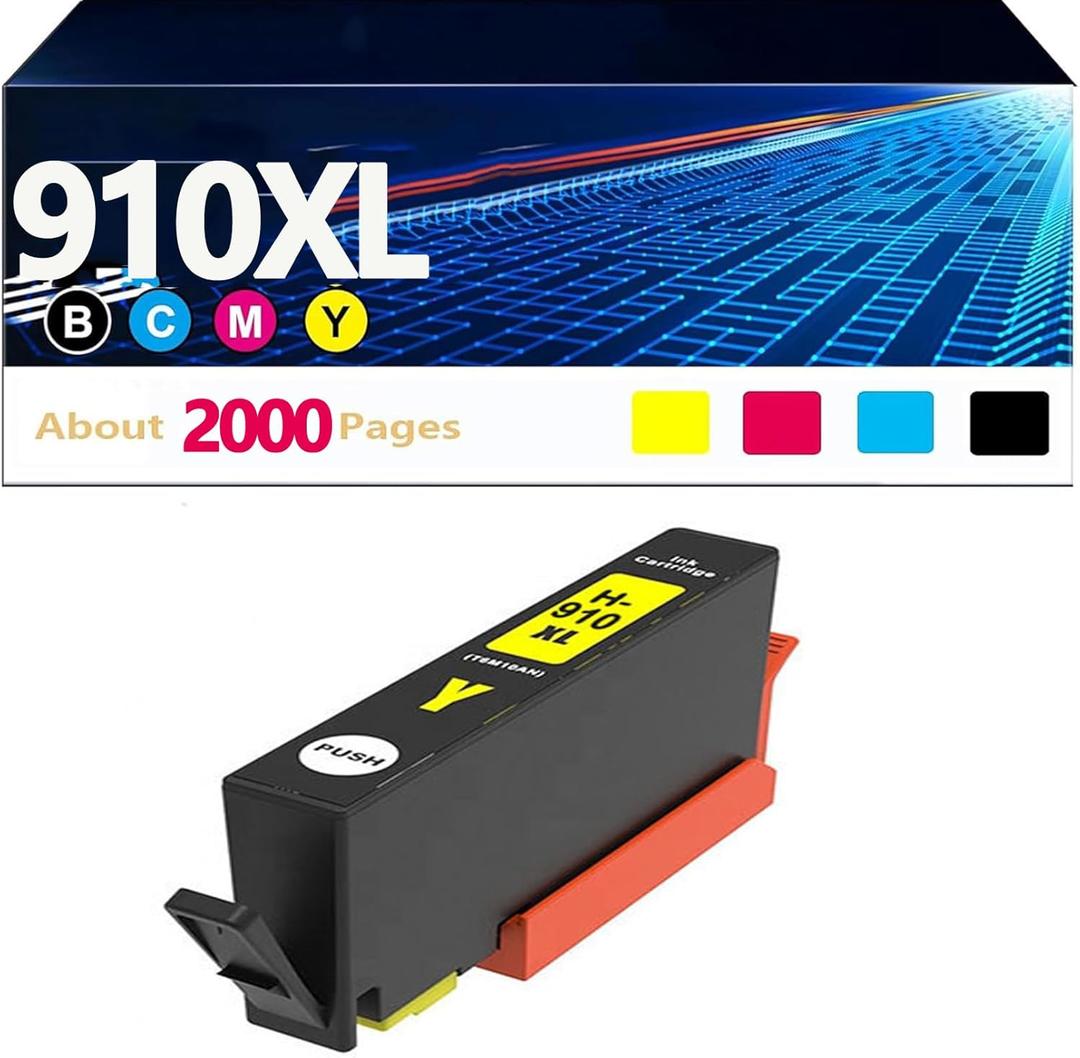 910XL 910 Ink Cartridges Combo Pack Compatible for HP 910 XL Work with HP OfficeJet 8010 8015 8018 8022 OfficeJet Pro 8020 8025 8028 8035 (K,C,M,Y,4 Pack),Y