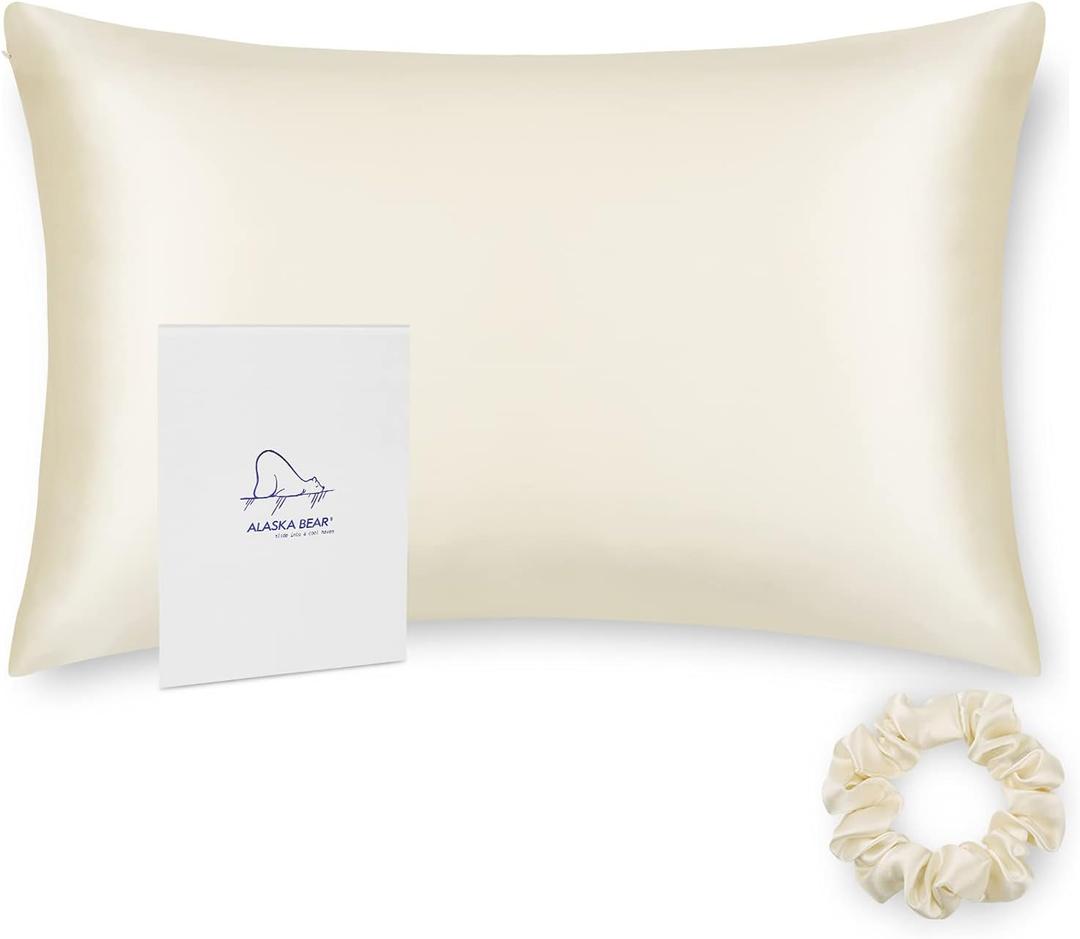ALASKA BEAR Silk Pillowcase Standard Size for Hair and Skin Beauty Sleep 100% Organic Pillow Slip Case with Random Color Silk Scrunchie Gift Set (1pc, Cream) (Standard 20''x26'')