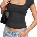 Eachyes Womens Square Neck Cap Sleeve Tops Sexy Low Cut Short Sleeve Shirts Basic Slim Fit Tee Cute Summer Clothes 2026 (M, Black)
