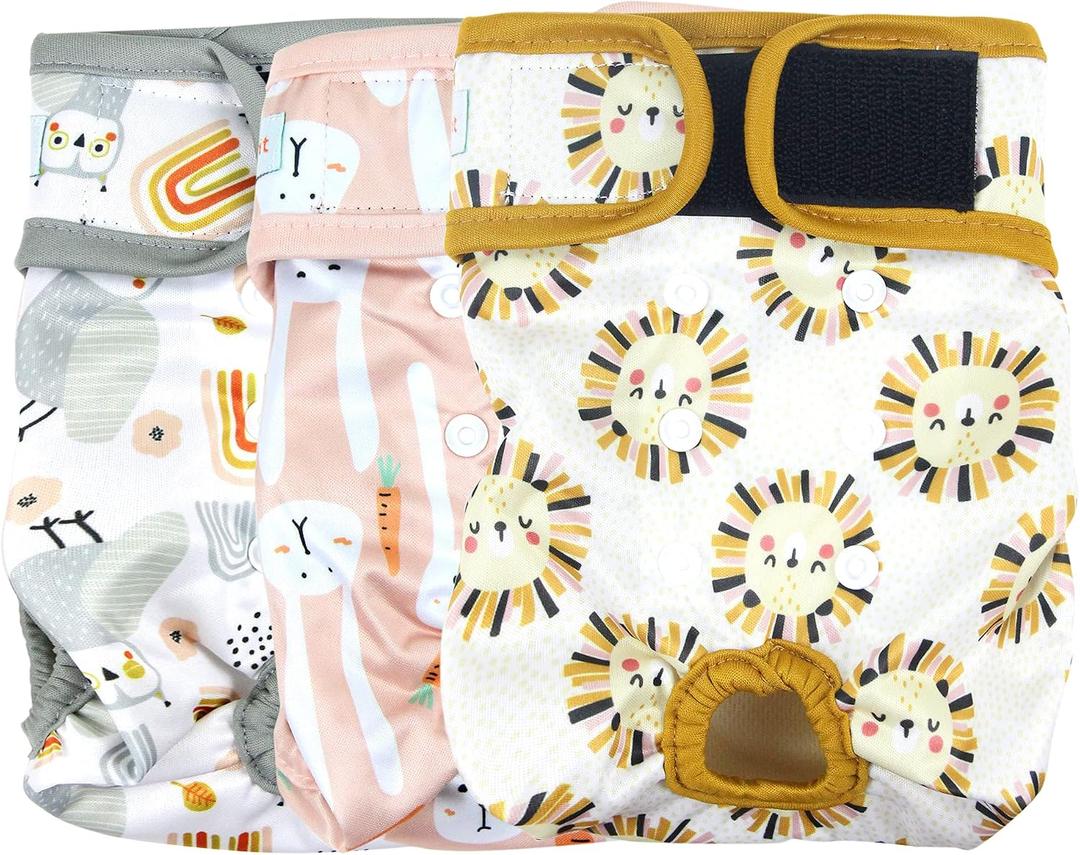 Langsprit Washable Female Dog Diapers (3 Pack) - No Leak Reusable Diapers for Doggy Female in Period - Highly Absorbent Dog Heat Panties with Adjustable Snaps (Rabbit, Owl, Lion, X-Large)