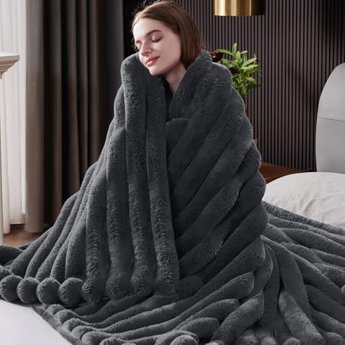 HaloRest Fluffy Faux Fur Throw Blanket, Thick 1000GSM Soft Cozy Throw Blankets for Bed, Luxury Plush Striped Warm Fuzzy Blanket for Couch LivingRoom Home Decor & Gifts(30"x 40", Dark Grey)