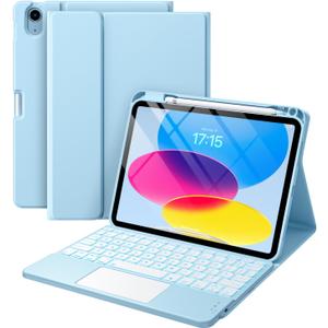 Compatible for iPad 11th 10th Generation Case with Keyboard, Folio Cover with Pencil Holder, Multi-Touch Trackpad, 7 Color Backlit, Detachable Keyboard for iPad (A16) 11th/10th Gen (Sky Blue)