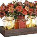 DUOER 3 Pcs Mason Jar Centerpiece Table Decorations for Dining Table Decor Farmhouse Coffee Table Decor with Wood Tray and Led Light Table Centerpieces for Dining room Kitchen Living Bathroom, Orange