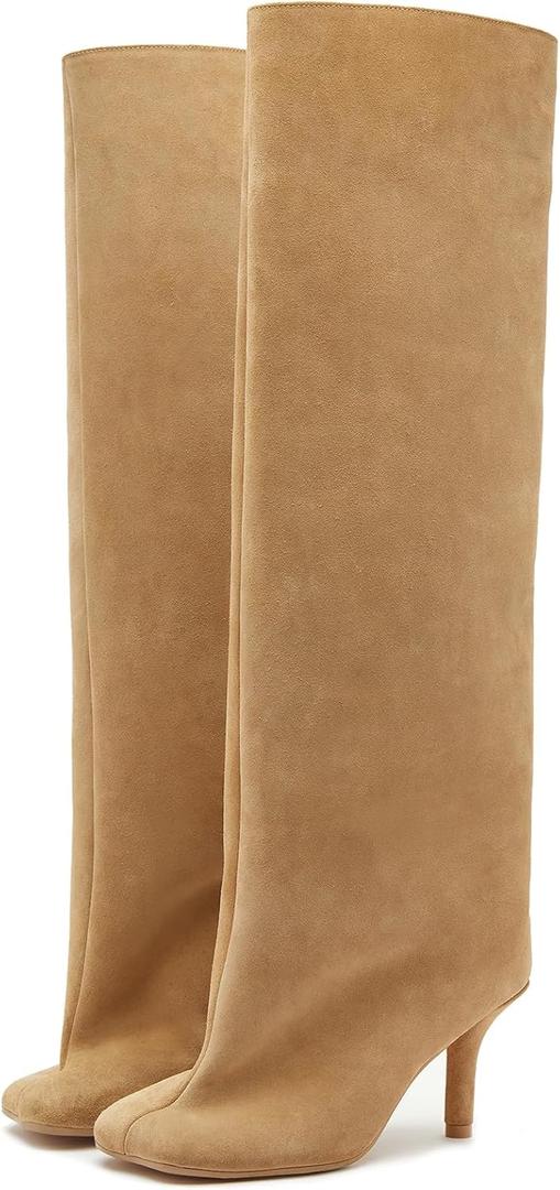 VOMIRA Women's Knee High Nude Suede Wide Calf Square Toe Stiletto Fall Winter Pull On High Heel Long Ladies Fashion Dress Tall Slouchy Boots (7.5, Apricot)