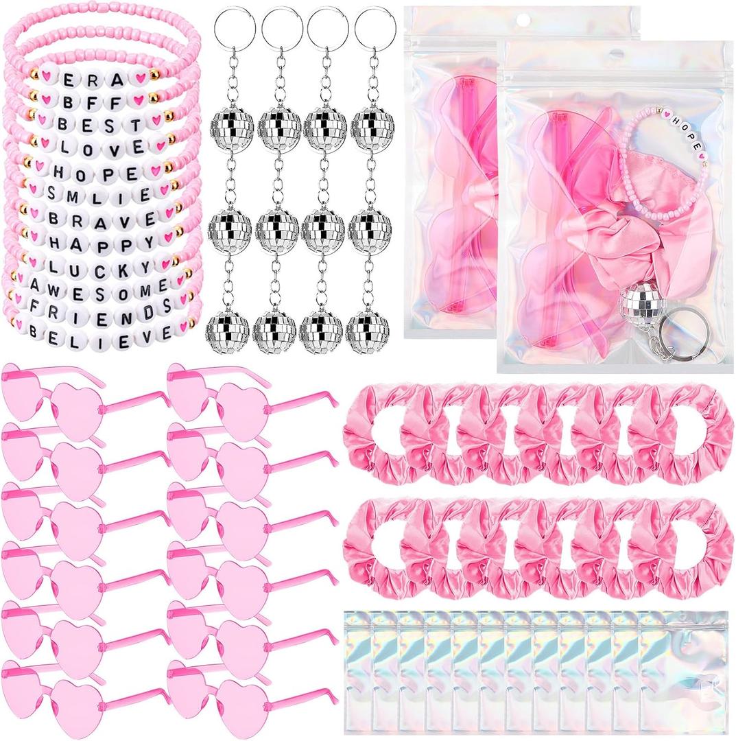 Geiserailie 60 Pcs Kpop Party Favors Popular Singer Supplies Friendship Bracelets Disco Keychain Sunglasses Holographic Scrunchie Set Bags 12 Set Friendship Gifts for Kpop Fans Women(Pink)