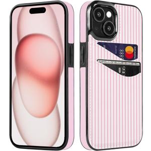 Compatible with iPhone 15/14/13 Wallet Cute Case for Card Holder Leather Slot Shockproof Soft Cover Case for Women Grils (Pink Stripes Lines Girly, iPhone 13/14/15 6.1 inch)