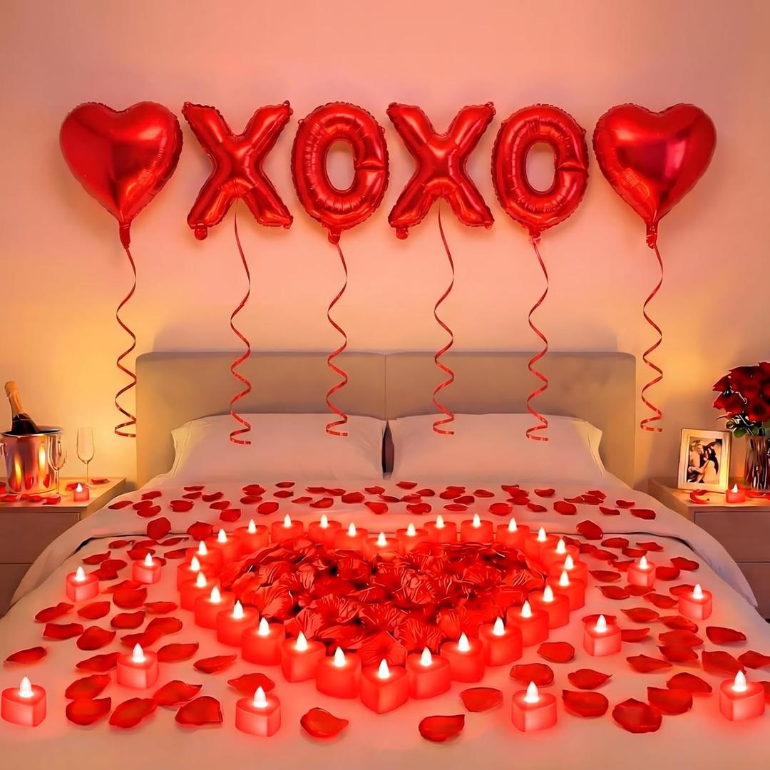 Ganeen Red Romantic Balloons Kit with 6 Pcs 16 Inch XOXO Letters 18 Inch Heart Shaped Balloons 24 LED Flameless Candle 2000 Rose Petals for Wedding Decoration Special Night Galentines