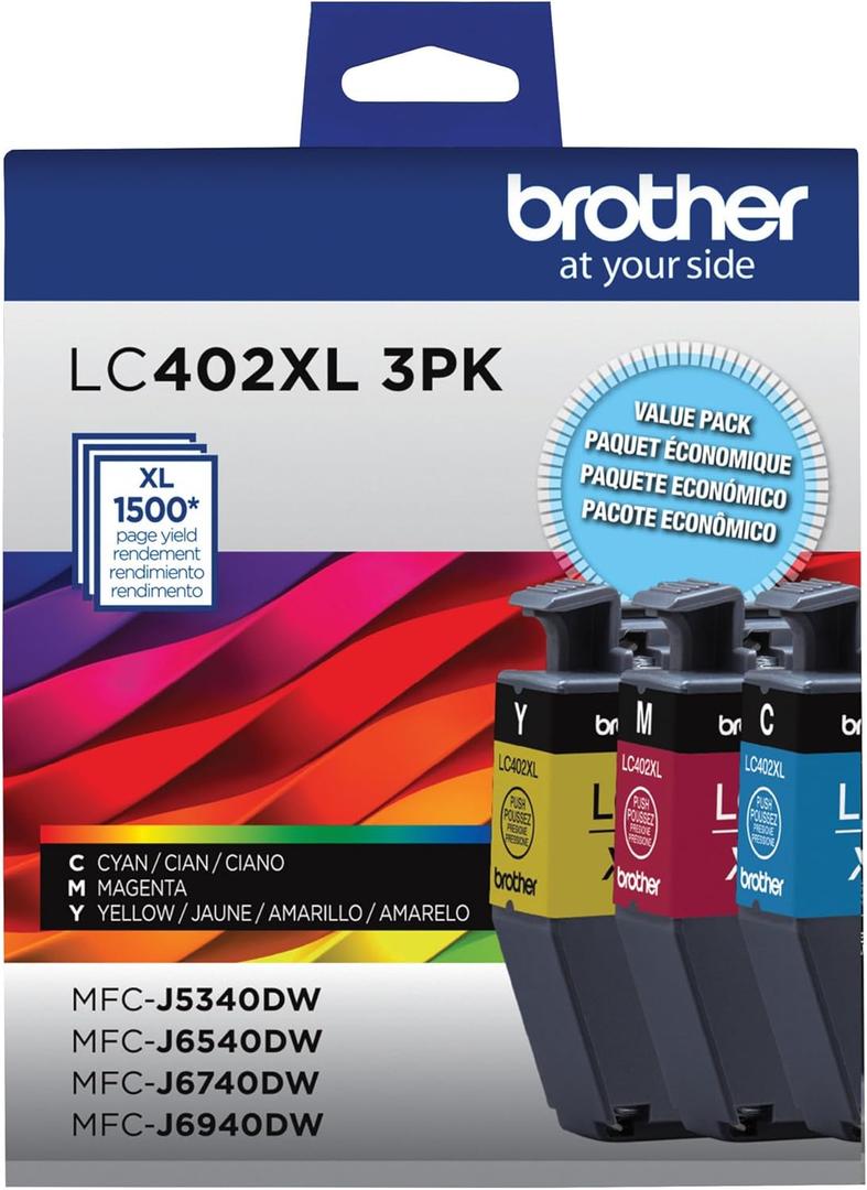 Brother Genuine LC402XL 3PK 3 Pack of High Yield Cyan, Magenta and Yellow Ink Cartridges, Black (Colors)