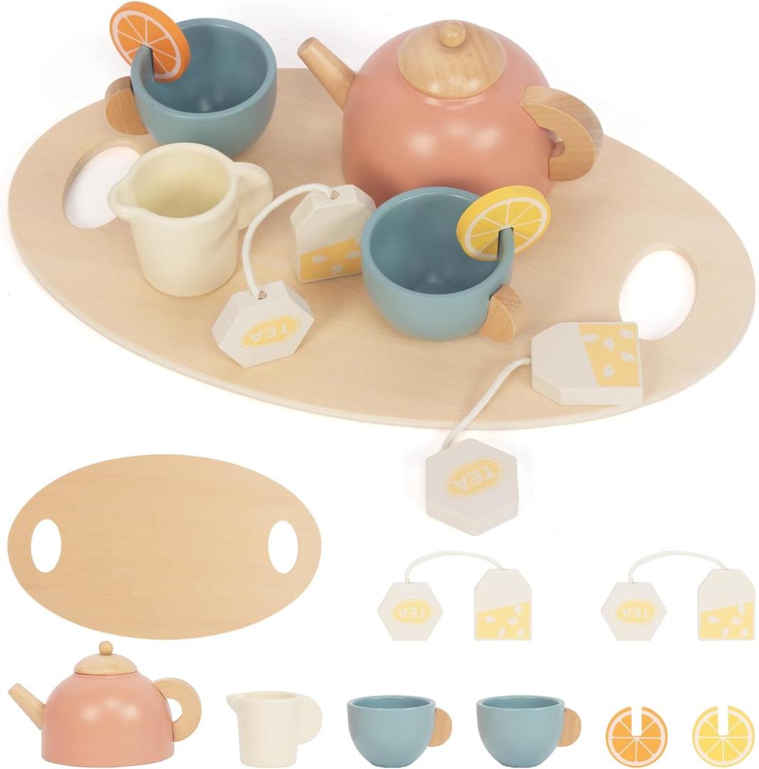 Wooden Tea Sets for Toddlers 3-5, Girl Chrismas Birthday Gift 3 Year Old Princess Party, Wooden Play Food Toy Sets for Kids Kitchen Accessories