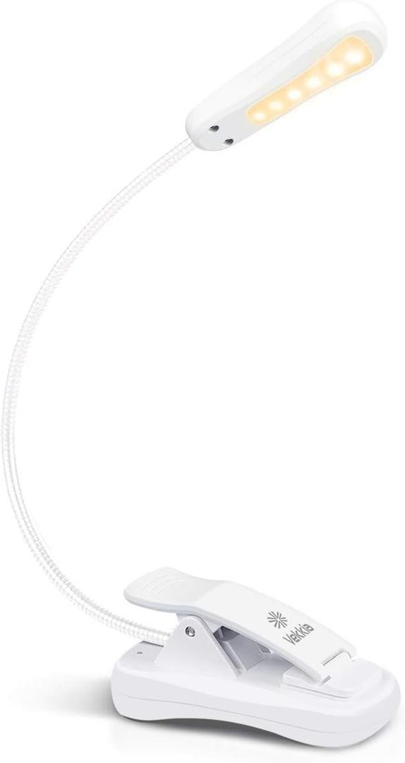 Vekkia 3000K Warm LED Rechargeable Book Light, Easy for Eyes, Clip on Reading Lights for Reading in Bed, Car & Travel, Lightweight Slim 2.1 oz. Perfect for Readers (Elegant White)