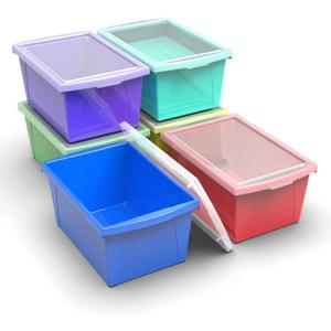 Storex 5.5 Gallon Storage Bin with Lid Plastic Classroom Organizer for Books and Supplies, Assorted Colors, 6-Pack (62741U06C)