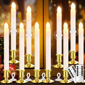 YAUNGEL Window Candles, 10 Pack LED Battery Operated Christmas Candles for Windows with Remote Timer Electric Flameless Candle Lights with Candle Holders Suction Cups for Christmas Decorations (Gold Base)