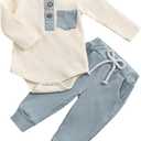 fhutpw Baby Boy Clothes 3 6 12 18 Months Ribbed Knitted Long Sleeve Romper and Pants Sets Newborn Fall Splicing Color Outfits (White&Blue, 6-12 Months)