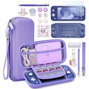 InnoAura Switch Lite Case 18-In-1 Accessories Bundle for NS Switch Lite (2019), with Protective Carrying Case, Game Holder, Screen Protector & Cute Thumb Grips, Purple
