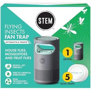 STEM Flying Insect Fan Trap for Indoor Bug Control, Attracts Mosquitoes, Fruit Flies, and House Flies, Plug-in Fan with UV Light, Starter Kit Includes 1 Device and 5 Glue Traps