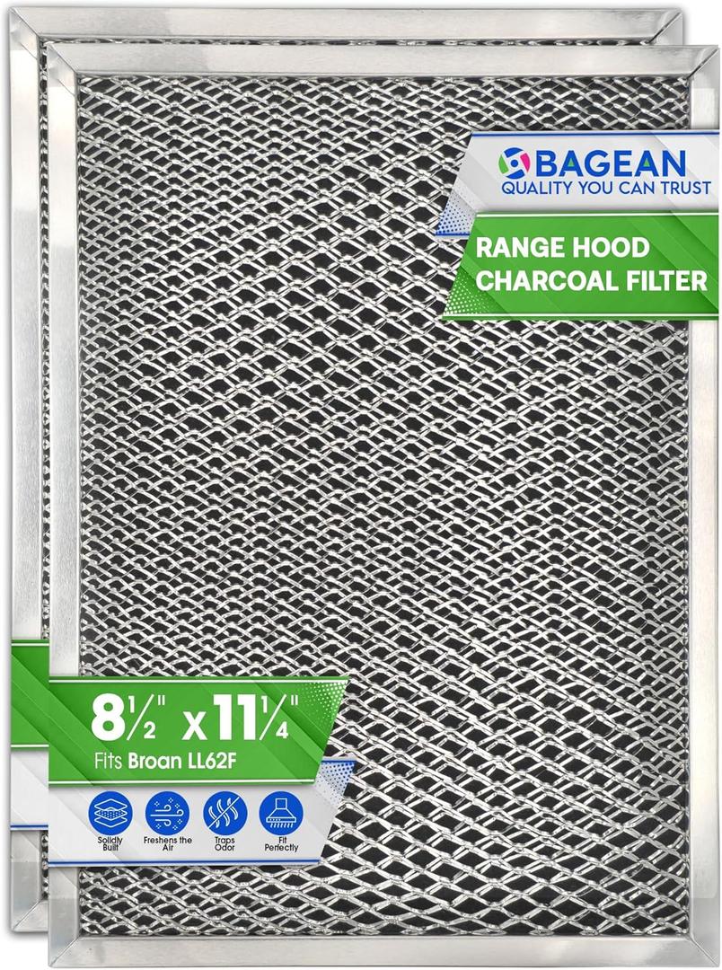 Bagean Stove Hood Vent Filter 8.50" x 11.25" LL62F Charcoal Grease Combo - Fits Ductless Broan Range Hood Filter Replacement - Metal Screen Filters Grease and Carbon Freshen Kitchen Stove Air (2-Pk)
