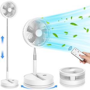 LIPETY Portable Foldable Rechargeable Oscillating Fan - 9" 7200mah Battery Operated USB C Small Fan Remote, Quiet Table Desk Fan Folding Standing Pedestal Fans for Bedroom Rome Office Camping Travel (white)