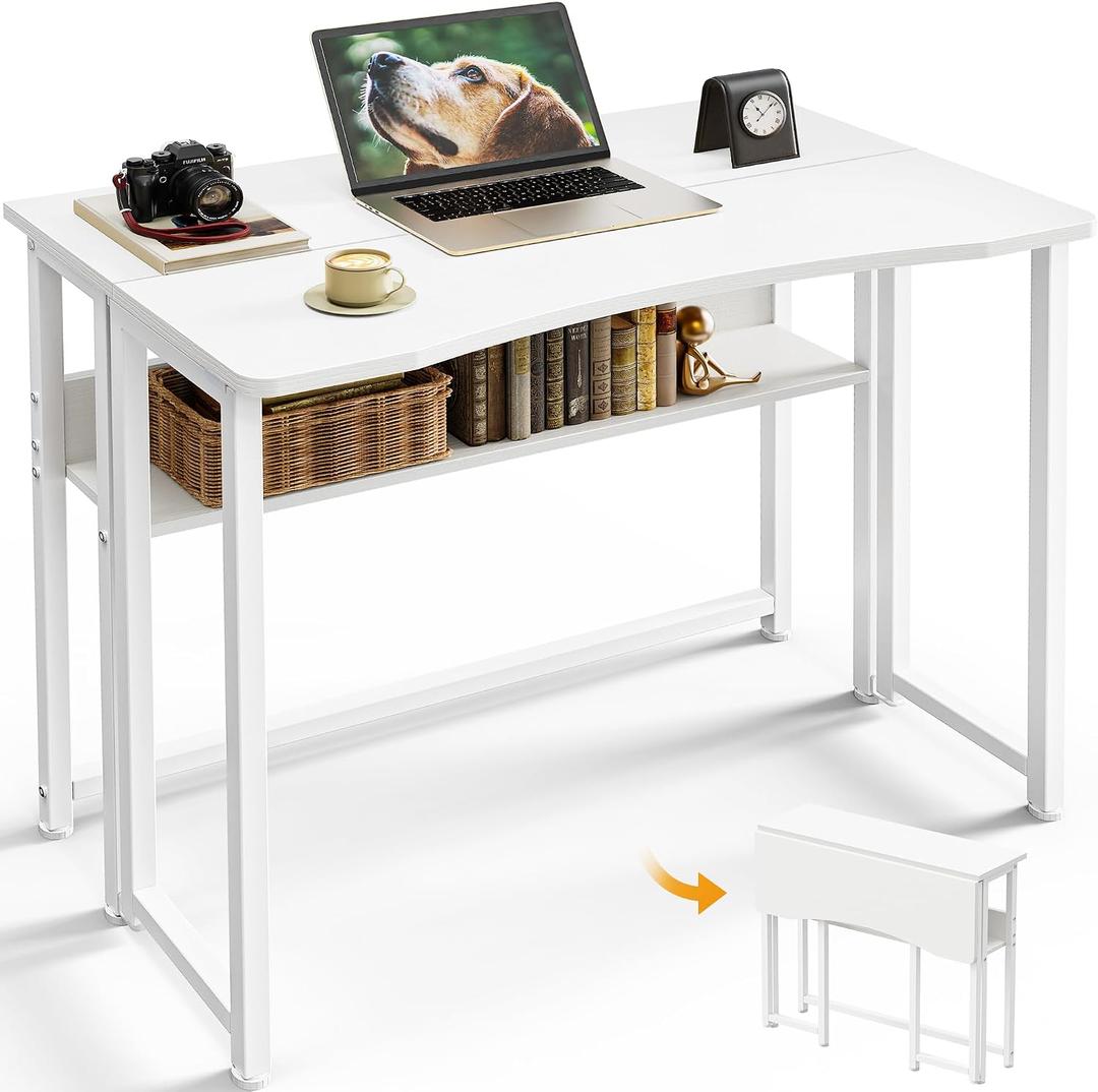Huuger Folding Desk with Storage Shelf, 31.5 Inch Foldable Computer Table for Small Spaces, Space Saving Sofa Table for Couch, Writing Work Office Computer Desk, Easy to Fold, White