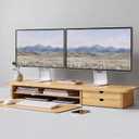 Bamboo Dual Monitor Stand, 39.3 inch Computer Monitor Riser with 2 Drawers, Desk Shelf with Cable Management for Home Office, Printer, Laptop