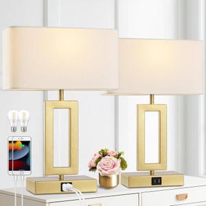 Gold Table Lamps Set of 2 with Dual USB Ports,3-Way Dimmable Touch Control Bedside Lamps,Modern Bedroom Table Lamp for Living Room,Nightstand LED Bulbs Included (16Inch Whie&Gold)
