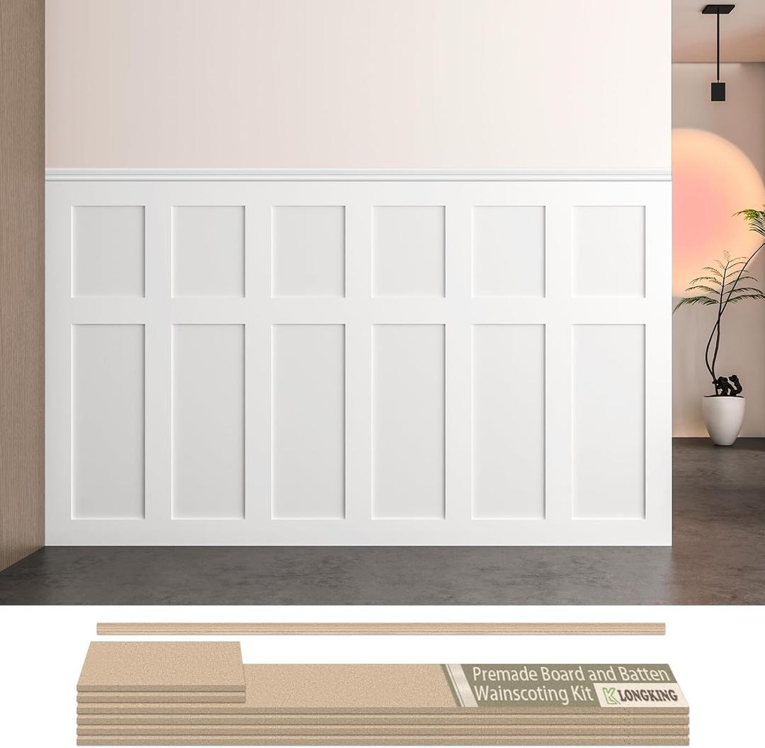 LONGKING Premade Board and Batten Wainscoting Kit, MDF Paintable Accent Wall Panels with Edge Trim, Pre-Cut Ready to Assemble Moulding for Interior Home Decor, Covers 93.93 x 56 in.