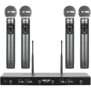 Phenyx Pro Wireless Microphone System, Metal Wireless Mic Set with 4 Cordless Mics, 4x25 UHF Adjustable Frequencies, 200ft Range, Dynamic Microphones for Singing, Karaoke, Church, DJ (PTU-5200-4H)