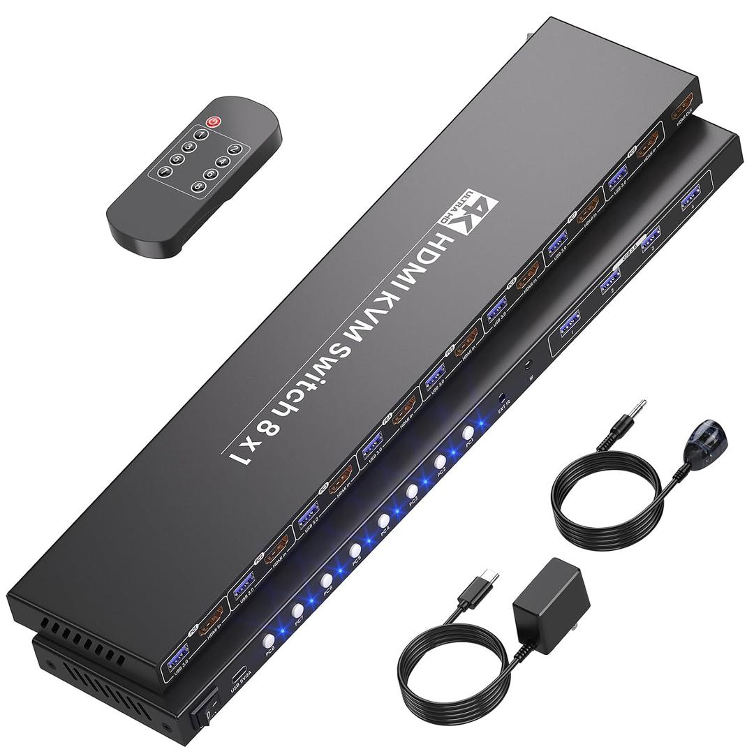 8 Port KVM Switch, USB 3.0 4K60Hz HDMI KVM Switch 1 Monitor 8 Computers for 8 Computers Share 1 Set of Keyboard Mouse Monitor and 4 USB 3.0 Ports