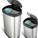 Ninestars Two-Piece Automatic Trash Can Combo Set, 13 Gal (50L) & 3 Gal (12L) Touchless Motion Sensor Garbage Cans with Odor-Sealing Lids, Matching Oval Stainless Steel, Black Trim