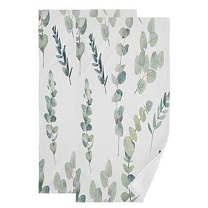 PATINISA Green Leaves Hand Towels for Bathroom Set of 2 Teal Eucalyptus Branches Bath Towel Soft Absorbent White Kitchen Dish Towels Decorative Bathroom Towels for Face,Hair,Guest,Gym,Spa 14"x28"