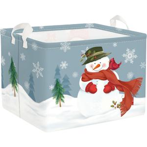 Clastyle Rectangular Snowman Christmas Basket Large Blue Winter Snowflake Shelf Basket Clothes Toy Book Gift Nursery Basket Collapsible Wrap Ornament Storage