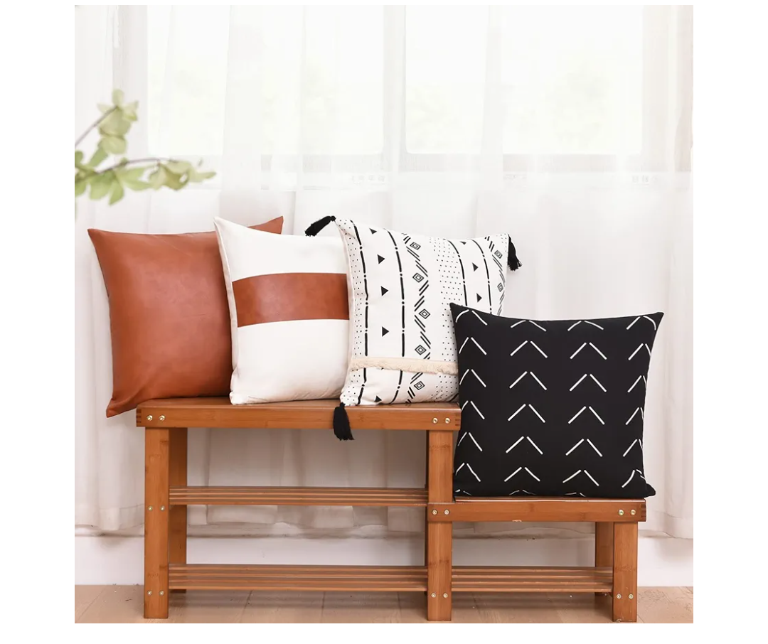 Tosewever Boho Geometric Throw Pillow Covers 18 x 18 Set of 4, Modern Stripe Farmhouse Decorative Faux Leather Cotton Pillowcase for Bedroom Living Room Couch Bed Sofa Home (Black/White, 18" x 18")