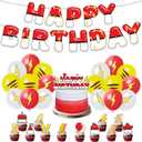 Cartoon Birthday Decorations Red White Yellow Happy Birthday Banner Balloons Cake Cupcake Topper for Anime Theme Party Decor Supplies