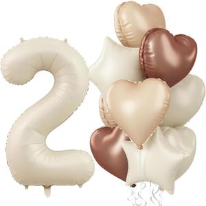 Large Number 2 Balloons, 40'' Beige Nude 2 Balloon with Foil Cream Star Balloon Decor, Neutral Coffee Brown Tan White Sand Helium Heart Balloon for Girls 2nd Birthday Anniversary Party Boho Decoration