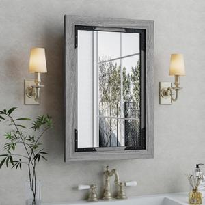 Medicine Cabinet Mirror 24 x 36 Inch Farmhouse Bathroom Mirror Door Solid Wood Storage Cabinet with Adjustable Shelves, Wall Mounted for Bathroom Living Room, Grey