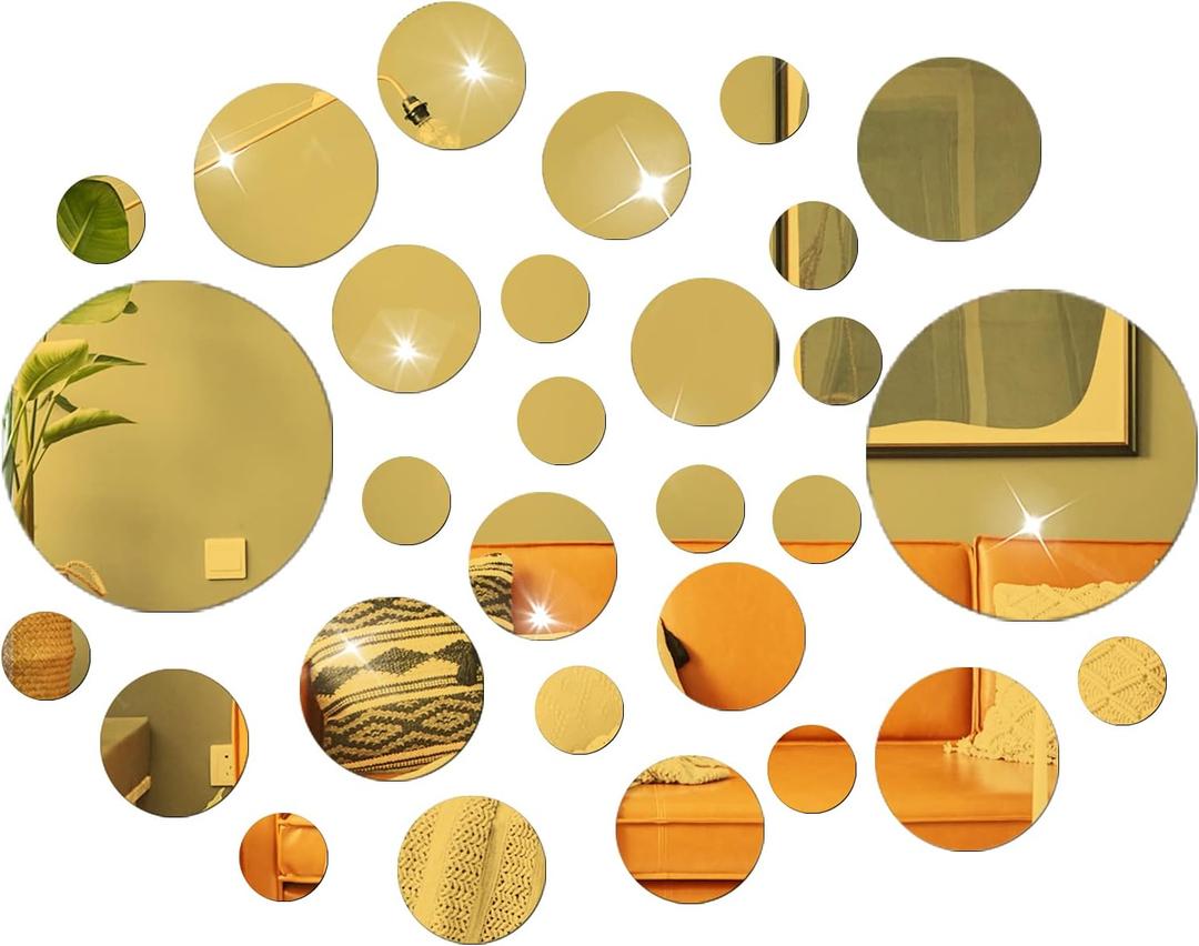 DIY Wall Decals Acrylic Mirror Sticker Set 60 Pcs, Circle Mirror Wall Stickers for Living Room Bedroom Decor, Gold 