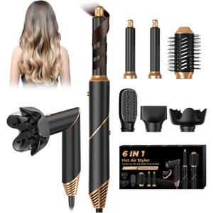 6 in 1 Hair Dryer Brush, Foldable Blow Dryer Brush with Wrap Curler, Detachable Air Hair Styler Curling, Drying,Volumizing, Straightening (Black)
