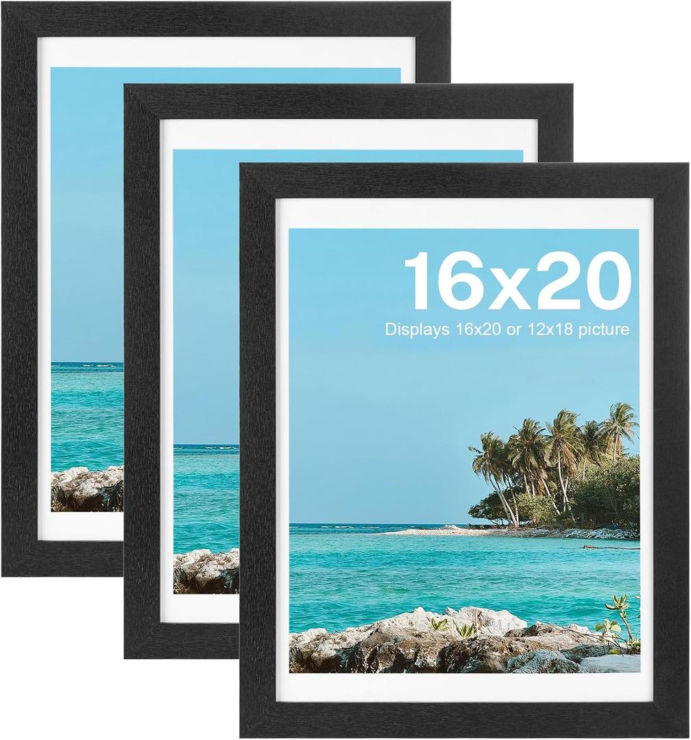 HOUSE DAY 16x20 Poster Frame MDF Wood and Polished Plexiglass, 16 x 20 Picture Frame Black without Mat or 12x18 with Mat, Horizontal or Vertical Wall Mounting 16x20 Poster Frames for Large Size Picture 3 Pack