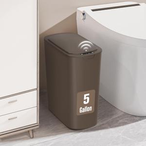 Cesun Bathroom Trash Can with Lid, 5 Gallon Motion Sensor Trash Can, Small Automatic Garbage Can, Touchless Smart Plastic Slim Wastebasket for Bedroom, Office, rv, Living Room, Brown