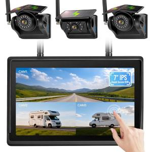 3 Solar Magnetic Wireless Camera System, 7" IPS Touchscreen with DVR, 3x9600mAh Rechargeable Side View & Rear View Cameras, IP69K Waterproof & IR Night Vision for Trailer Truck Camper, AH7-3