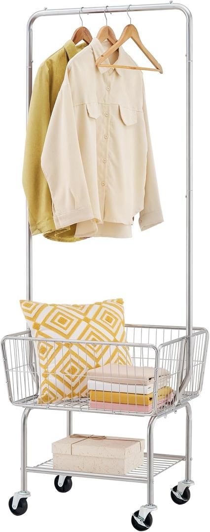 Tajsoon Laundry Cart with Hanging Rack, Metal Rolling Laundry Cart with Wheels and Storage Basket, Silver