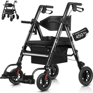 Walkers for Seniors,Heavy Duty Rollator Walker Wheelchair Combo, 2 in 1 Rollator Transport Chair with Brakes, 450 lb Rolling Walker 10" Big Wheels for All Terrain, Black