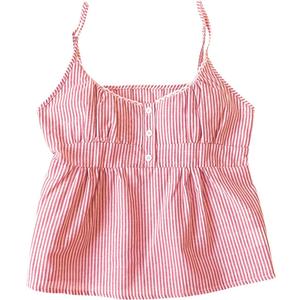 Women's Striped Button Front Flared Camisole Tops Shirred Spaghetti Strap Tank Top (Pink, S)