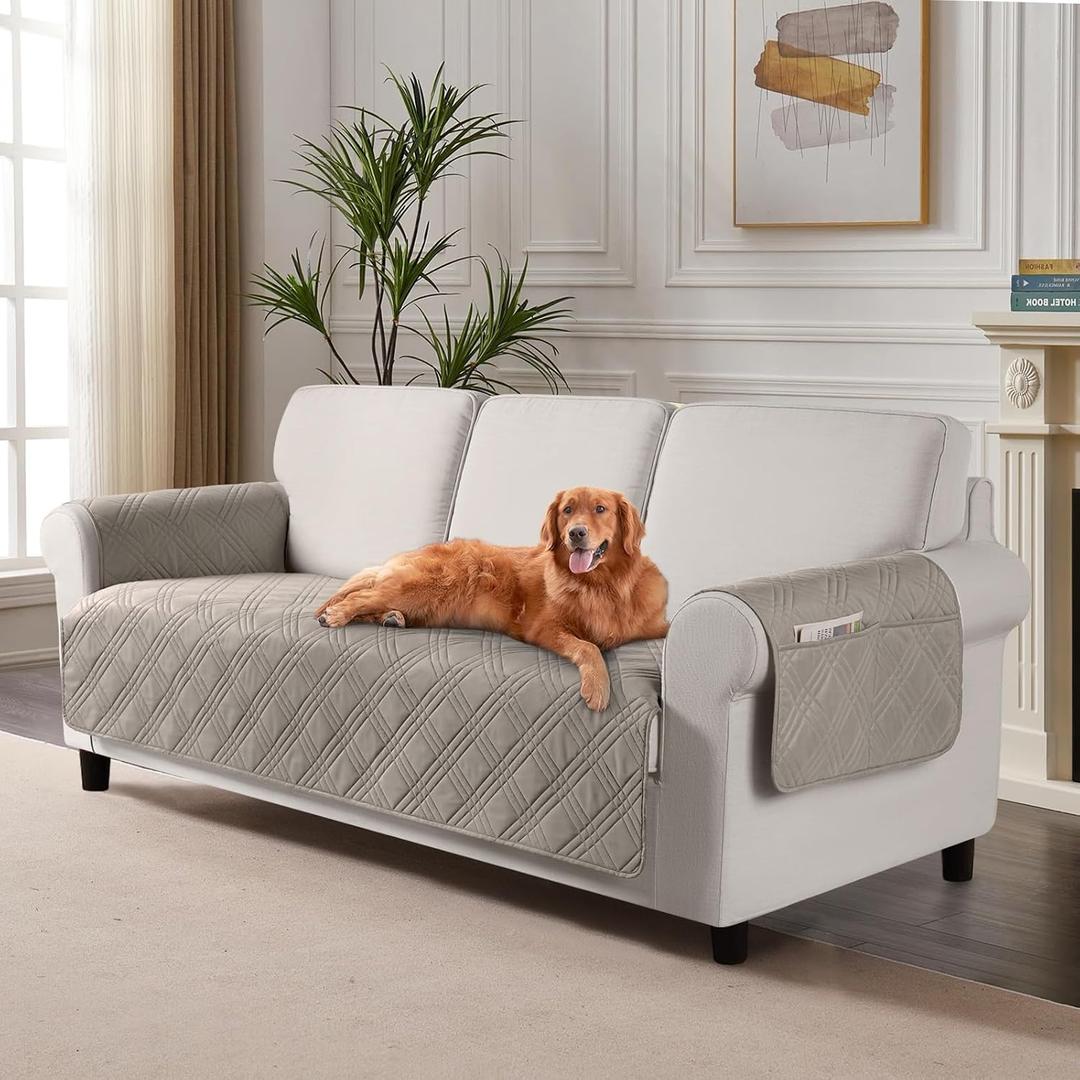 TAOCOCO Waterproof Couch Covers for Pets Dogs with Non Slip Backing, Sofa Seat Covers with Side Pocket for 3 Cushion Couch Washable Dog Couch Cover Protector Sofa Slipcovers(Sofa Plus, Light Brown) Sofa Plus(Seat Width: 72.4'')