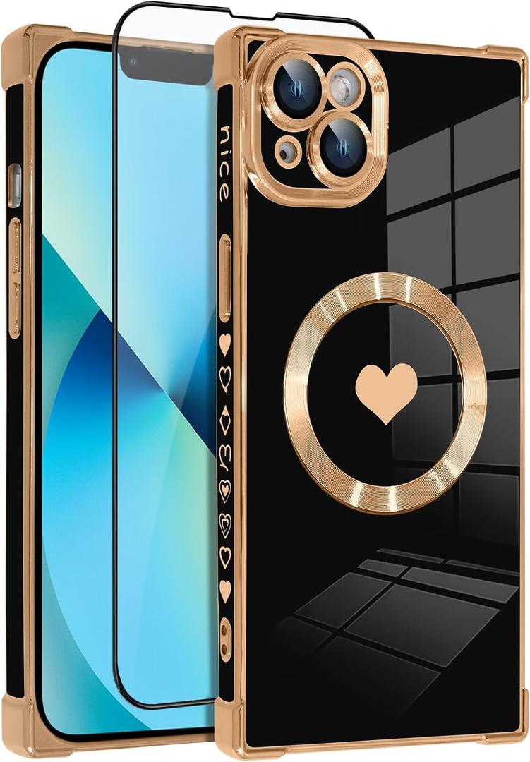 OOK Magnetic Case for iPhone 13 6.1 Inch [Wireless Charging Compatible] Soft TPU Heart Design Phone Cover with Screen Protector Shockproof Protection Slim Case for Women - Black (Black (NO Strap))