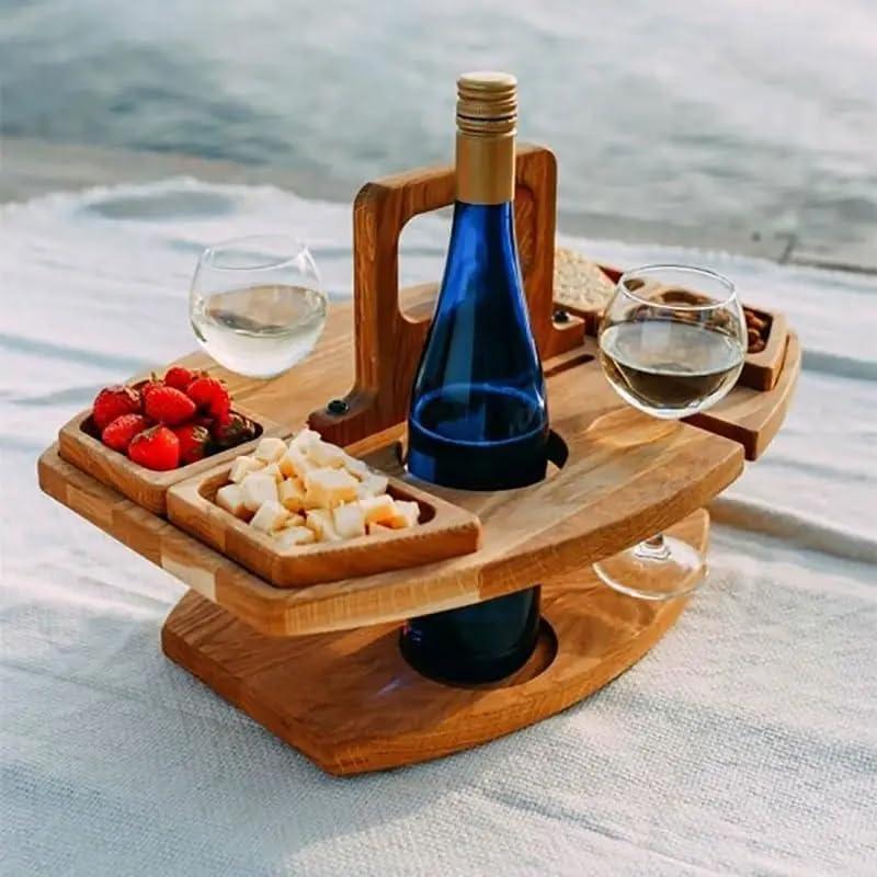 Folding Wooden Picnic Table with WineGlass Holder - Portable Camping Table for Beach, Park & Outdoor Use, Champagne and Beverage Stand
