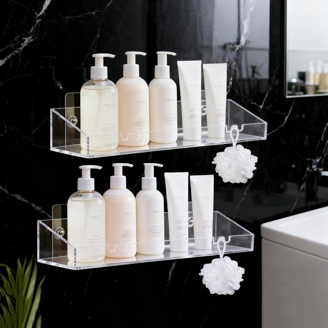 2Pack Acrylic Shower Shelves, Bathroom Tray with Hooks No Drilling Adhesive Wall Mount Shower Caddy Organizer Clear Floating Shower Shelves for Bathroom Kitchen Storage