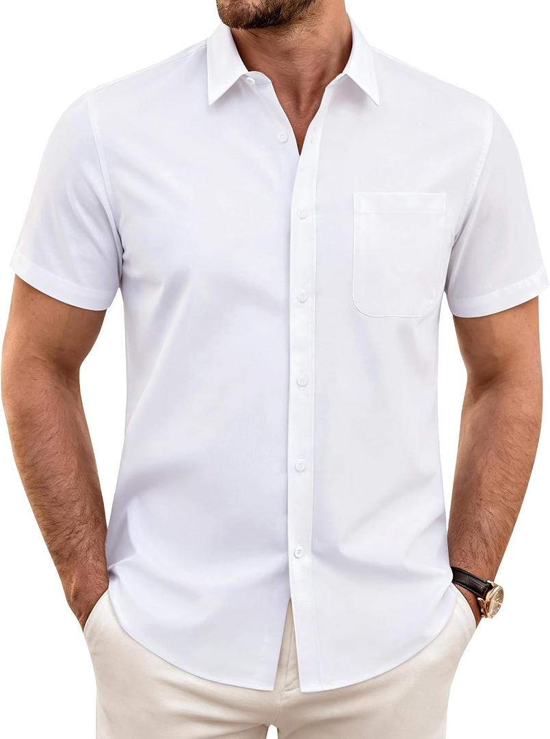 J.VER Mens Short Sleeve Dress Shirts Wrinkle Free Casual Button Down Shirt Summer Stretch Formal Shirt with Pocket (White, M)