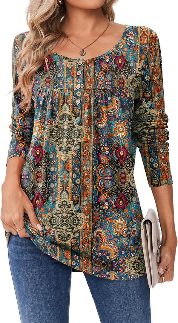 Zeagoo Long Sleeve Shirts for Women Fall Fashion Dressy Casual Blouses Trendy Pleated Tunic Tops for Leggings 2025 (XX-Large, A-multicolor-mz721)