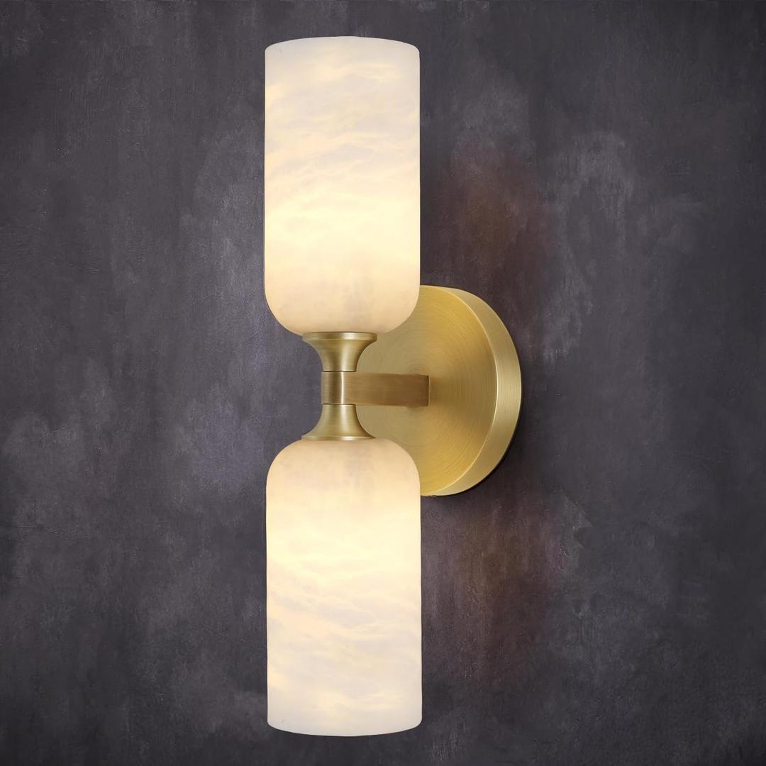 Alabaster Wall Sconce 14in Modern Spanish Natural Marble Bathroom Vanity Sconces, Antique Brass Sconces Wall Lighting, Gold Wall Light Fixtures Decor, for Bedroom Living Room Staircases Hallway