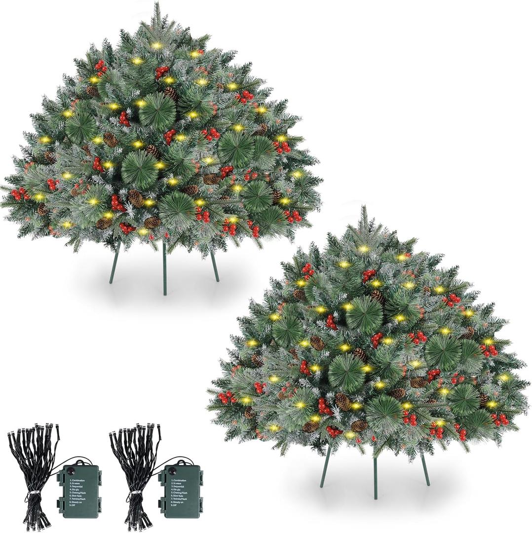 2 Pack 24Inch Prelit Christmas Trees,Outdoor Frosted Urn Fillers 150 Branches Battery Operated 50 LEDs Dual Color Change with Timer Pine Cones Red Berries for Porch Pathway Decor